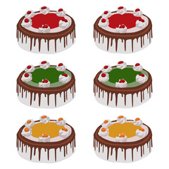 Vector round brown cake with chocolate icing white cream roses and cherries