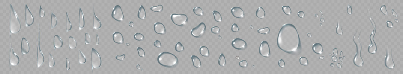 Water drop condensation set. Vector realistic clean transparent rain droplet set on glass or window background
