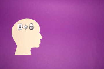 cream paper head with icon mobile virus, network protection and money security, creative design security on the internet safe flow of money with virus protection