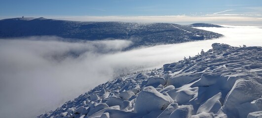 Winter weather inversion with clouds in the mountains