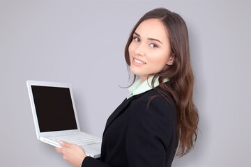 Photo of freelancer distance worker lady hold pc netbook posing