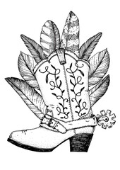 Cowboy boot and feathers sketch. Hand drawn vector illustration. Wild west design. Tattoo print. Hand drawn illustration for t-shirt print, fabric and other uses.