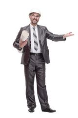 smiling business man with drawings. isolated on a white background.