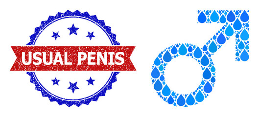 Vector mosaic male sign, and bicolor scratched Usual Penis seal stamp. Male sign mosaic for clean drink advertisement. Male sign is created with blue clear water dews.