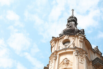 Beautiful old building against blue sky, low angle view
