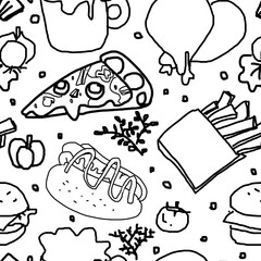 Pizza seamless pattern on a isolate white  background. A sketch for coloring. Coloring antistress.Doodle illustration freehand drawing.Texture to decorate cards, invitations and food concept.