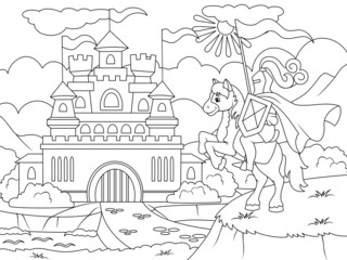Fototapeta na wymiar Knight near the gates of the old castle. Page outline of cartoon. Raster illustration, coloring book for kids.