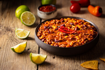 Mexican hot chili con carne in a bowl with tortilla chips on wooden background - obrazy, fototapety, plakaty