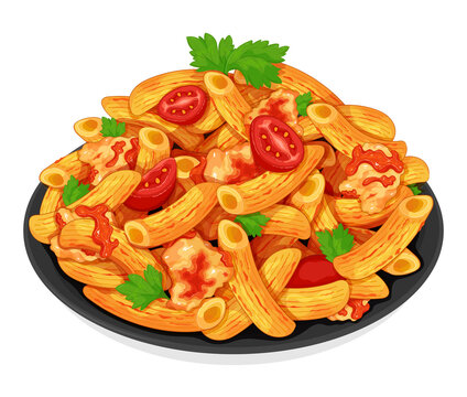 Italian penne pasta noodles with chicken dill and tomato. Italian noodles  food recipes. Healthy pasta spaghetti noodles menu close up illustration  vector. Stock Vector | Adobe Stock