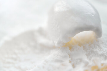 Fresh vanilla ice cream, macro photo, copy space.