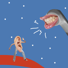 Contemporary art collage. Human ear on female legs listening to loudly speaking female mouth on handset isolated over blue background