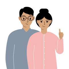 Smiling young couple, good mood concept. Positive emotions, happy people, man and woman showing thumbs up, fun and joy.