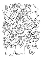 Coloring page with flowers and butterfly. Black and white background for coloring. Art therapy for children and adults.