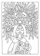 Coloring page for children and adults. Girl with a toy bear. Vector illustration. Art therapy.