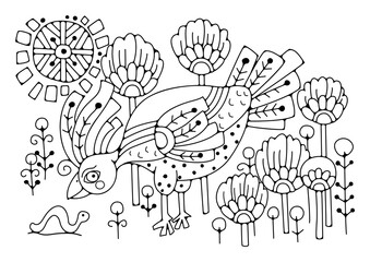 Coloring page for children and adults with a magical bird. Floral ornament. Background for coloring. Art therapy. Art line. Vector illustration.