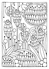 Magic garden coloring page. Black and white background for coloring. Art therapy for children and adults. Art line vector illustration.