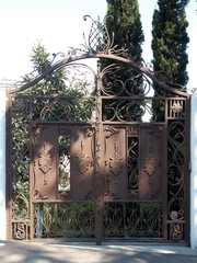High iron gates with a decorative forged pattern enclose a private area with green vegetation and...