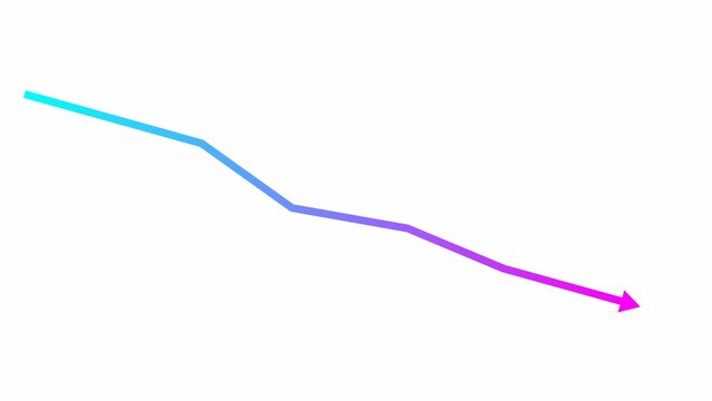 Animated blue-pink arrow. Recession chart of economy. Economic crisis, recession, decrease graph. Profit down. Vector illustration isolated on white background.