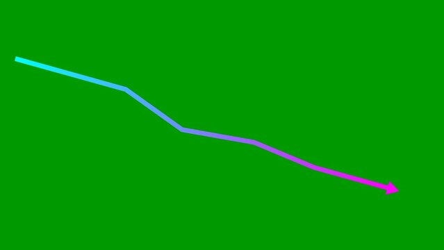 Animated blue-pink arrow. Recession chart of economy. Economic crisis, recession, decrease graph. Profit down. Vector illustration isolated on green background.
