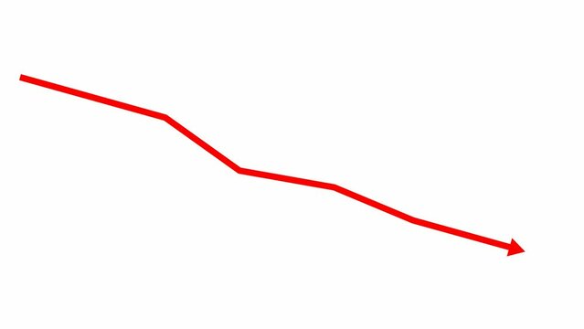 Animated red arrow. Recession chart of economy. Economic crisis, recession, decrease graph. Profit down. Vector illustration isolated on white background.