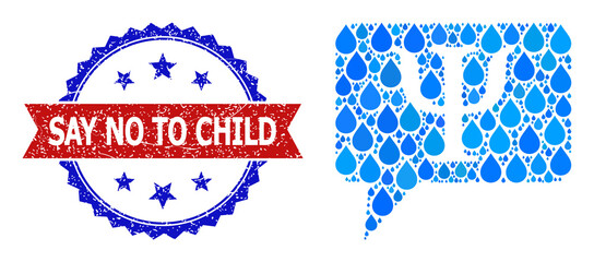 Vector mosaic suggestion cloud, and bicolor unclean Say No to Child watermark. Suggestion cloud mosaic for pure beverage advertisement. Suggestion cloud is composed with blue pure water raindrops.