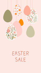 Social media template with silhouette holiday Easter eggs and flowers in gentle pastel colors. Illustration easter eggs in flat style with space for your text. Vector