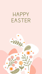 Social media template with silhouette holiday Easter eggs, rabbit and flowers in gentle pastel colors. Illustration easter hare and eggs in flat style with space for your text. Vector