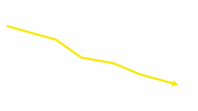 Animated yellow arrow. Recession chart of economy. Economic crisis, recession, decrease graph. Profit down. Vector illustration isolated on white background.