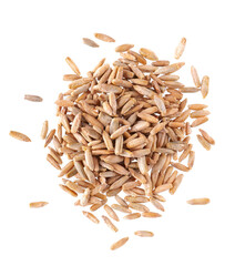 Rye grains isolated on white background. Pile of rye malt seeds close up. Dry grains of winter rye....