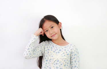 Asian young girl put stranglehold on head with looking at camera on white background.