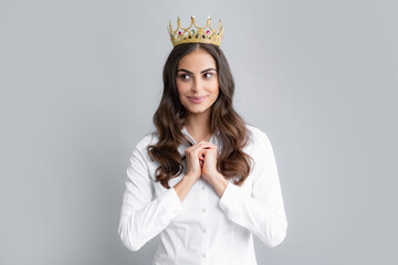 Proud arrogant woman with gold crown. Happy woman in crown, self confident queen, princess in...