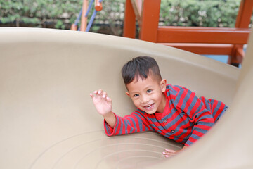 Happy Asian little boy having fun while playing slider in the playground.