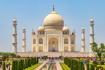 Taj Mahal panorama in Agra India with amazing symmetrical gardens.