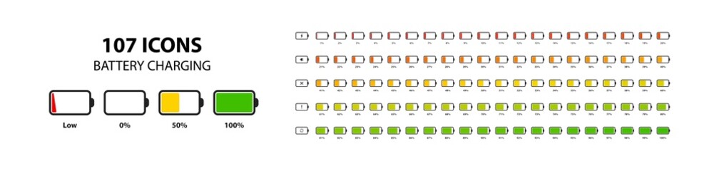 Set of horizontal battery level indicators in percentage vector. Battery indicator symbols. 0-100 percent.