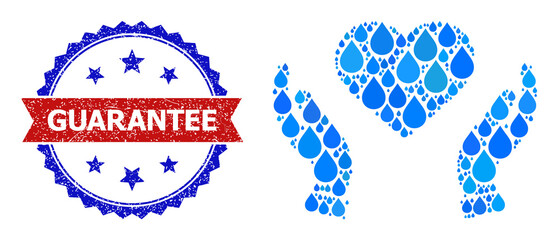 Vector mosaic love care hands, and bicolor grunge Guarantee seal stamp. Love care hands mosaic for clean beverage ads. Love care hands is formed with blue drinking water drops.