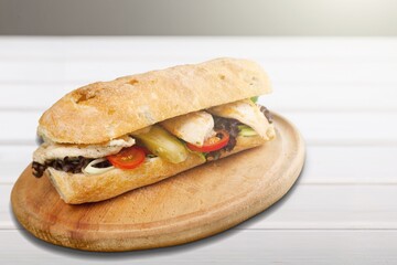 Pressed and toasted sandwich with tomato, mozzarella and basil. Delicious breakfast or snack, Clean eating, dieting, vegan food concept.