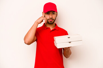 Young hispanic delivery man holding pizzas isolated on white background pointing temple with finger, thinking, focused on a task.