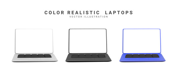 3d realistic set laptops in blue, silver, black colours with shadow. Vector illustration