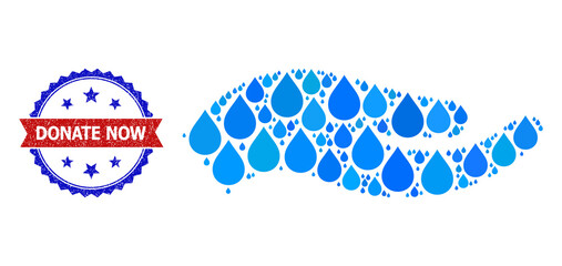 Vector mosaic petition hand, and bicolor textured Donate Now seal. Petition hand mosaic for clean beverage ads. Petition hand is composed with blue drinking liquid dews.