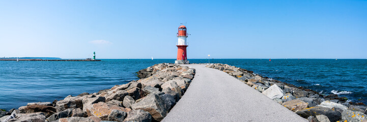 Fototapeta na wymiar Lighthouse Ostmole Warnemünde panorama, Rostock, Mecklenburg-Vorpommern, Germany