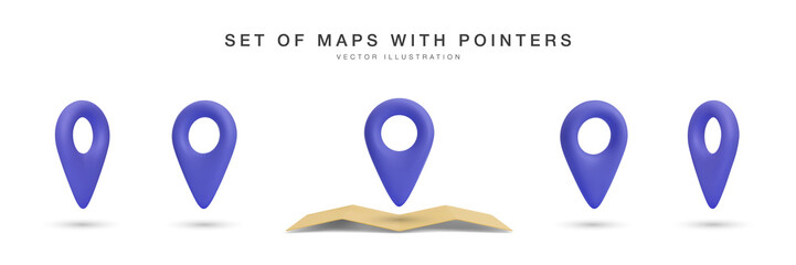 Realistic 3d map with set of blue pointer in different views isolated on white background. Vector illustration
