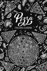 Pizza and ingredients. Hand drawn pizzeria menu template. Set of Italian cuisine products. Pieces of pizza. Vector illustration