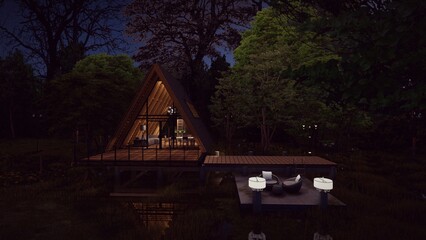 futuristic triangle house design concepts lake forest background for camp night view 3d illustration - obrazy, fototapety, plakaty