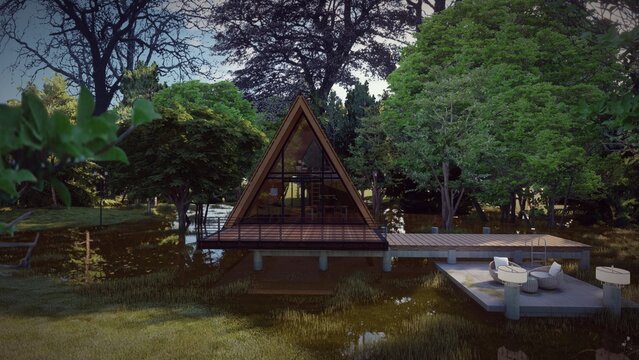 triangle wooden hut design concepts blurred leaves lake forest background for camp 3d illustration