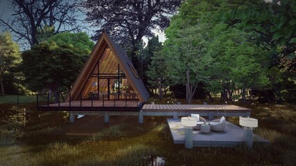 triangle cabin iron frame design concepts forest background for vacation 3d illustration