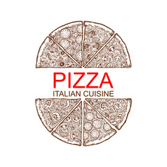 Pizza cut into pieces. Italian food menu design template. Hand drawn pizzeria menu template. Vector illustration. Pizza label for menu.