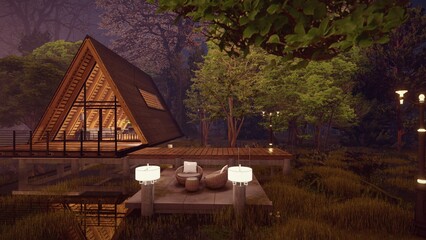 romantic triangle house design concepts forest background in the night with fog 3d illustration - obrazy, fototapety, plakaty