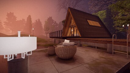 triangle tiny house design blurred nature background with fog black shadow 3d illustration