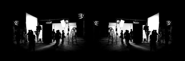 Silhouette images of video production behind the scenes or b-roll or making of TV commercial movie...