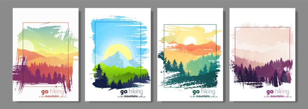 Vector landscapes. Set of scenes in nature with mountains and forest, silhouettes of trees. Hiking tourism. Adventure. Minimalist graphic flyers. Polygonal flat design for coupons, vouchers, postcards